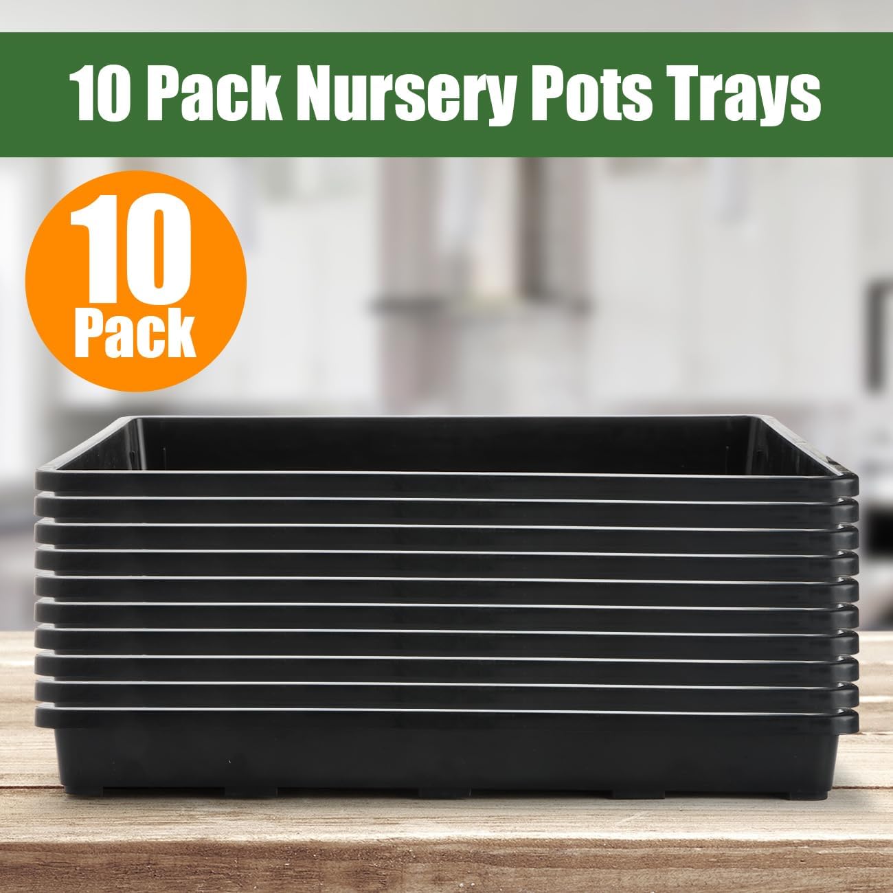 Nursery Pot Trays, 10 Pack, 17"x11"x2" – Flat Seed Starter, Black - Image 2