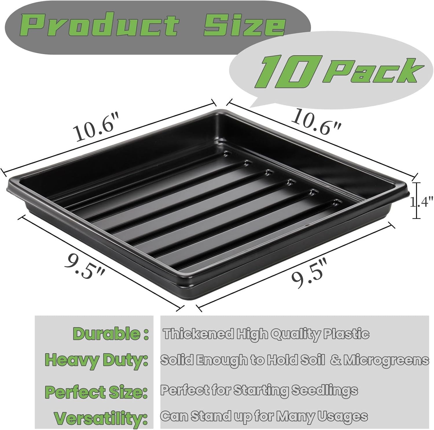 Growing Trays, 10 Pack, 10.6"x10.6" – No Drain Holes, for Microgreens - Image 2