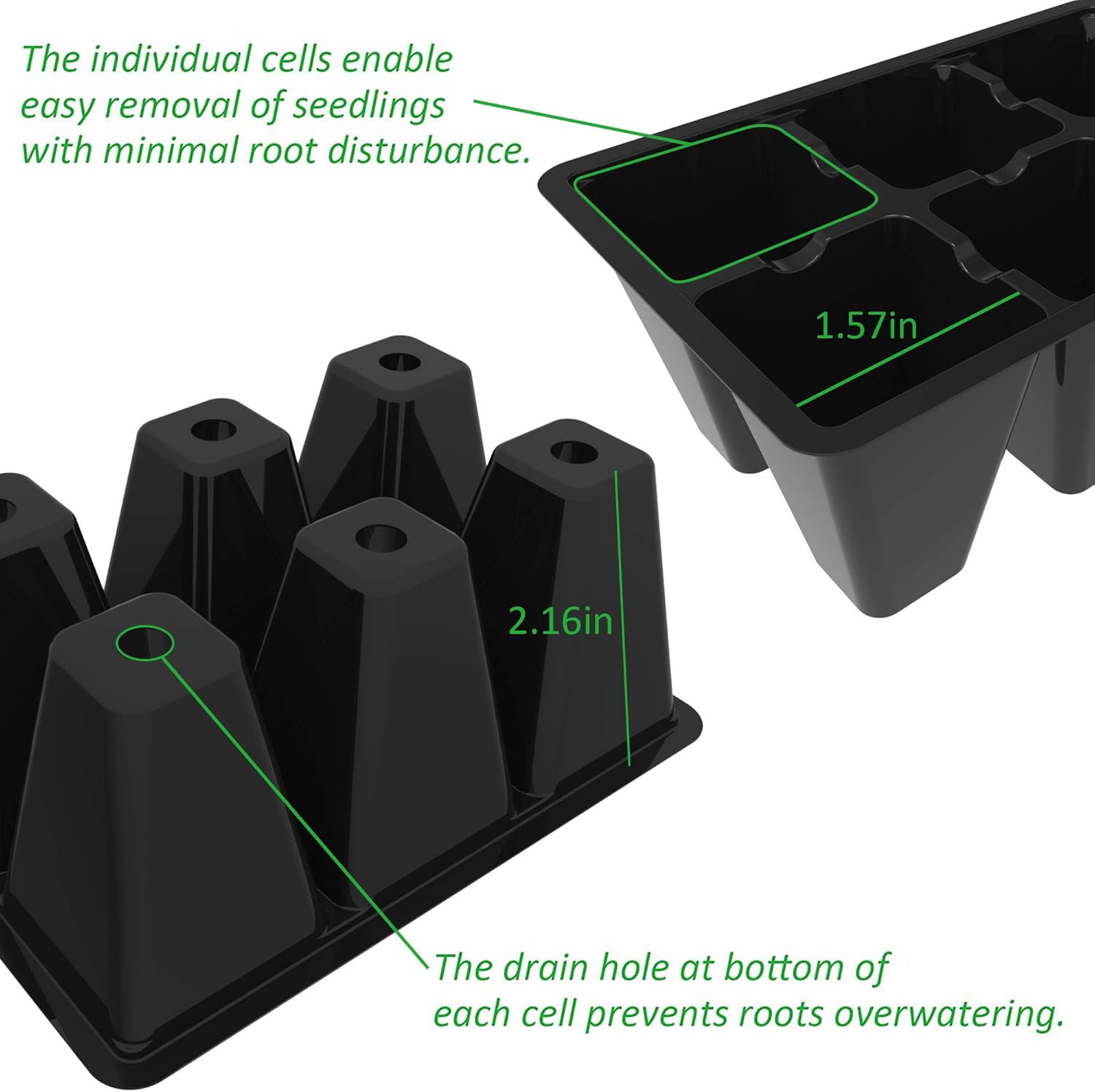 Seed Starting Tray, 30 Pack, 6 Cells Each – Black, with Drainage Holes - Image 2