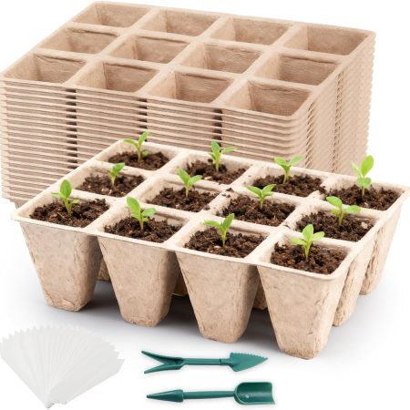 Seed Starter Tray, 240 Cells – 20 Biodegradable Peat Pot Sheets, with Labels & Tools