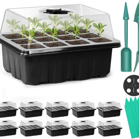 Seed Starter Tray Kit, 10 Pack, 120 Cells – With Dome, Base, Tools & Labels